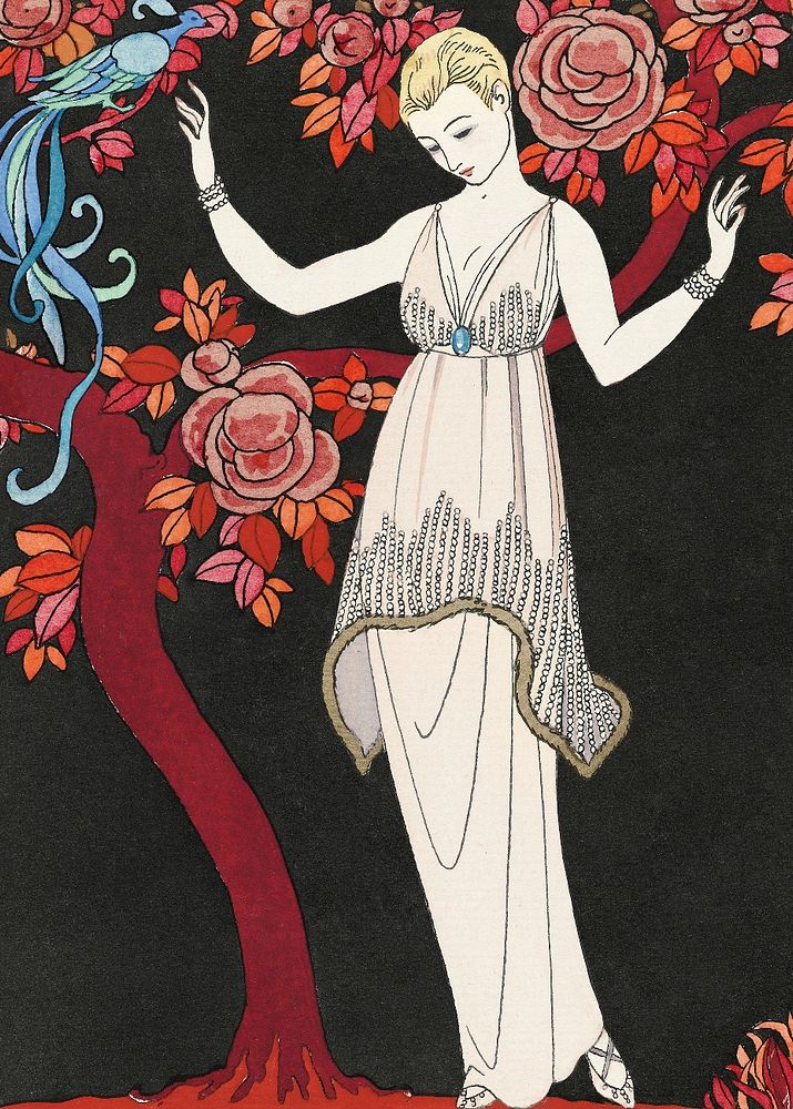 Editable L'Arbre de science: Robe du soir de Doeuillet, fashion illustration by George Barbier. Original from The…