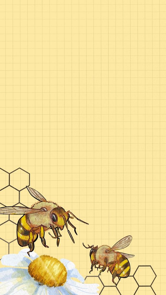 Yellow grid patterned iPhone wallpaper, bees border, editable design