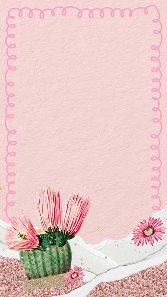 Cactus flower frame iPhone wallpaper, editable design