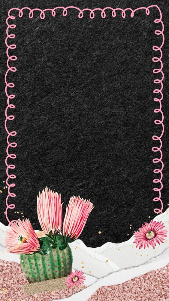 Cactus flower frame iPhone wallpaper, editable design