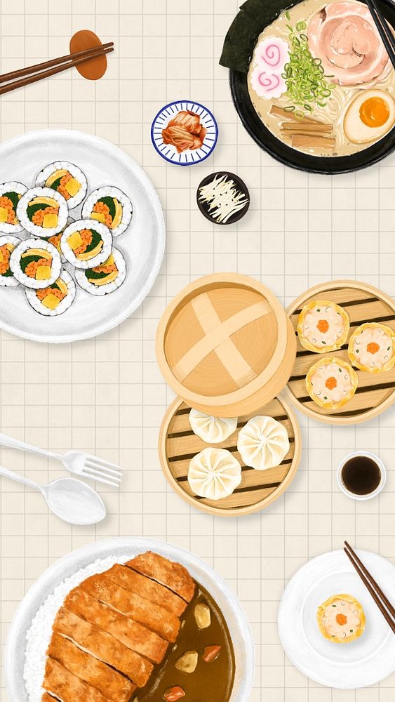 Asian cuisine iPhone wallpaper, food illustration, editable design