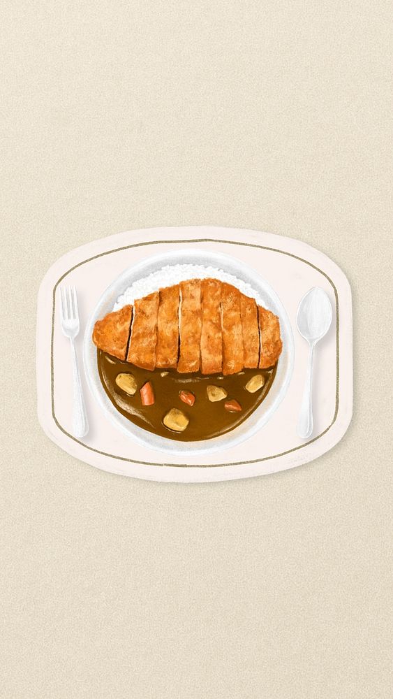 Japanese curry iPhone wallpaper, pork cutlet food illustration, editable design