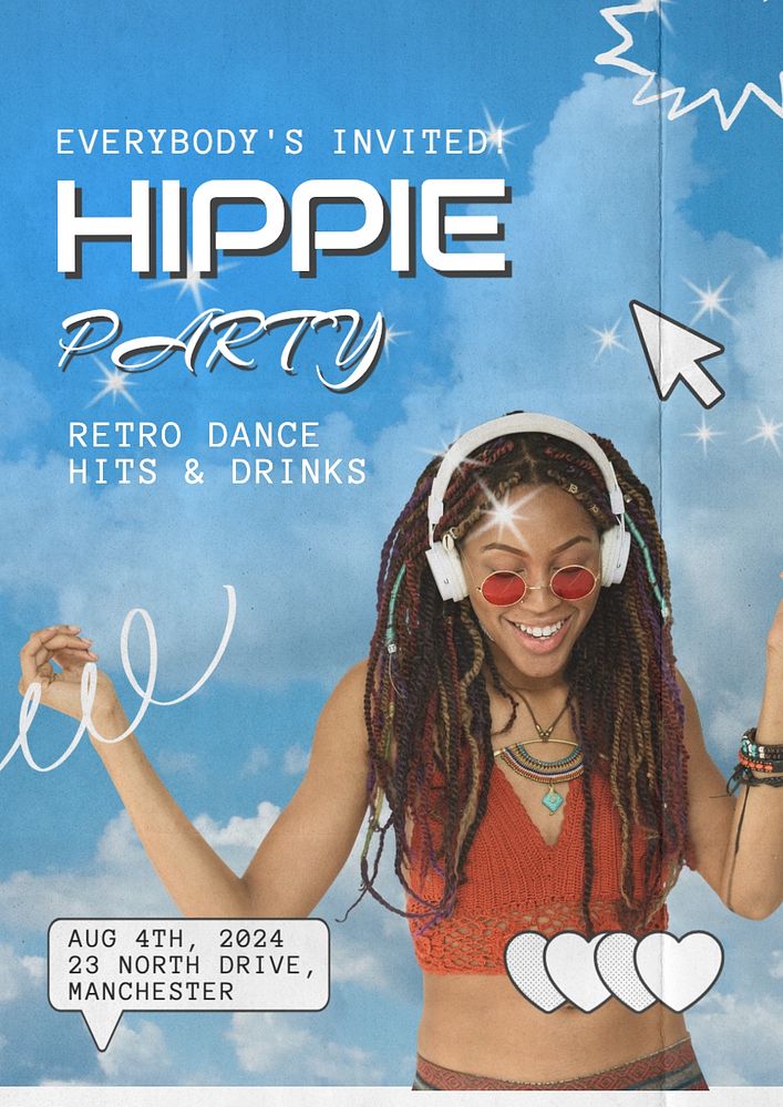 Hippie party poster template, editable text and design