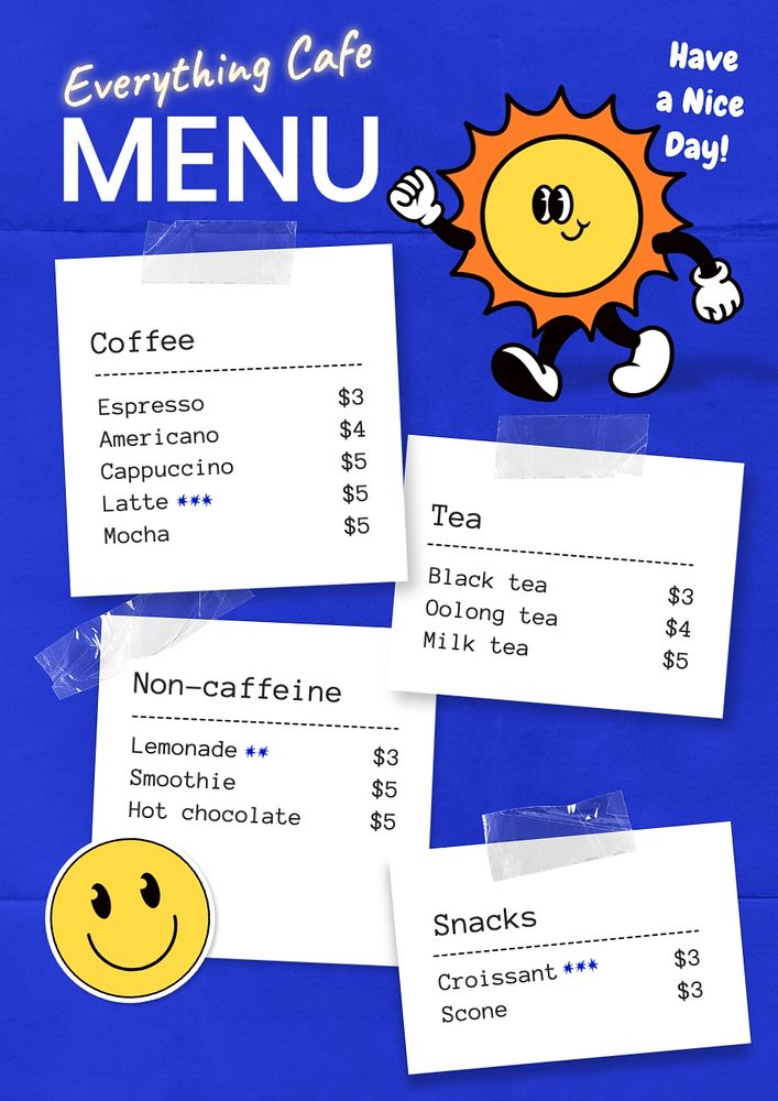 Cafe menu template, editable text and design