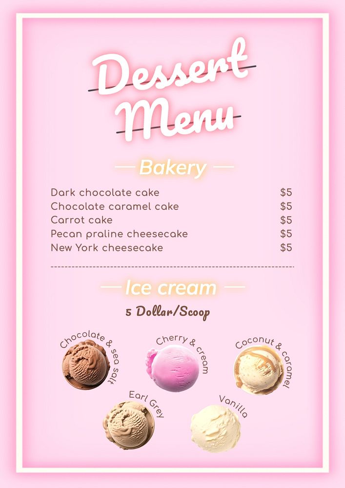 Dessert menu template, editable text and design