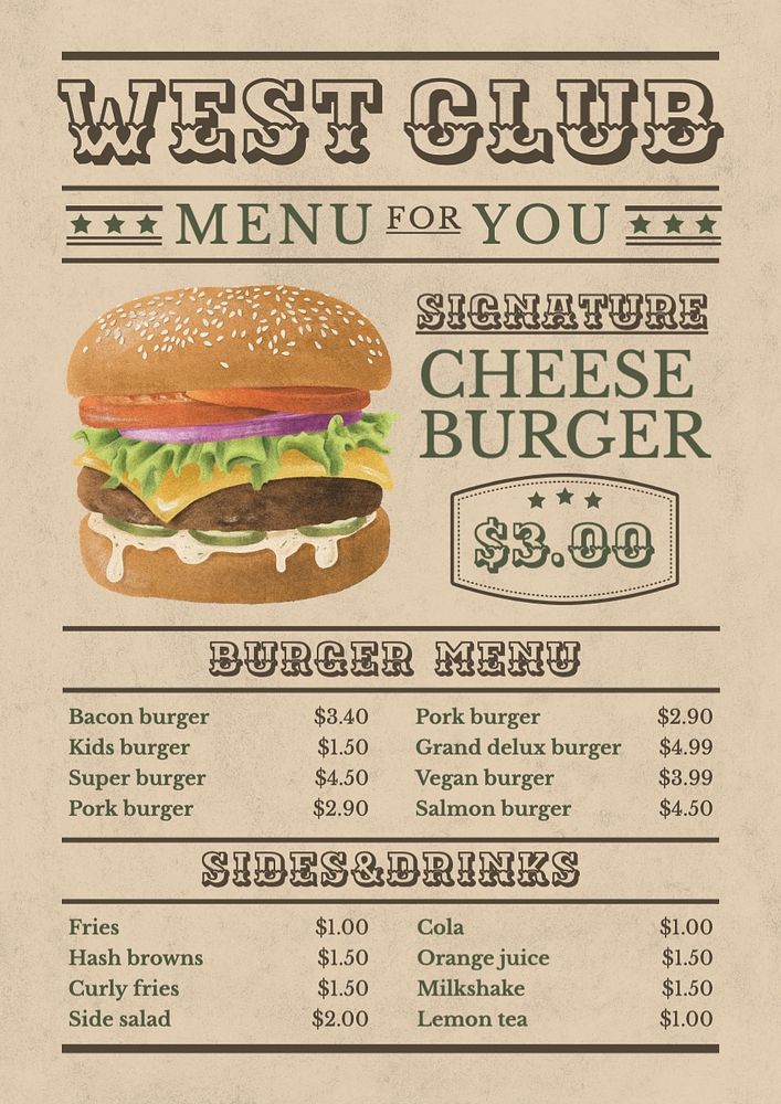 Burger menu template, editable text and design