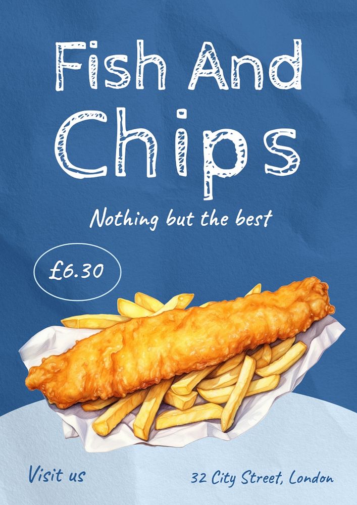 Fish and chips poster template, editable text and design