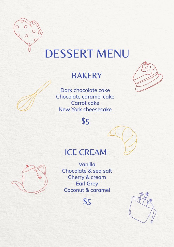 Dessert menu template, editable text and design