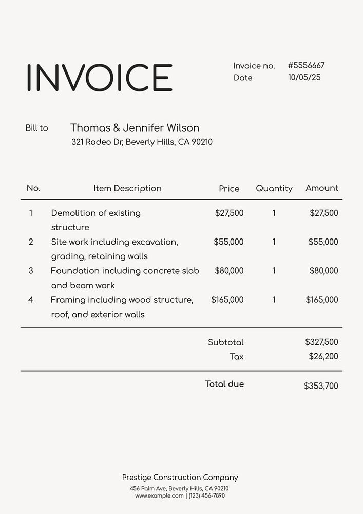 Construction company invoice template, finance & accounting design