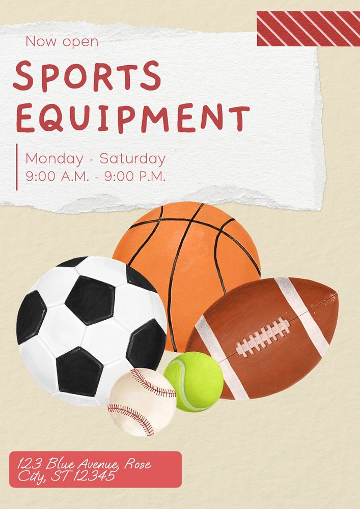 Sports equipment poster template, editable text and design