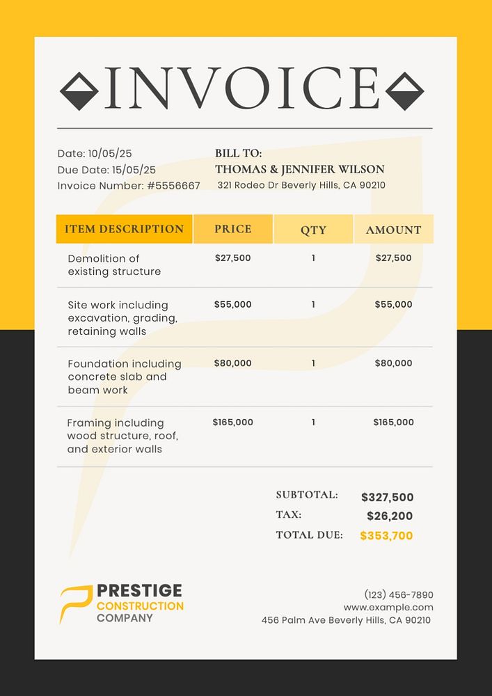 Construction company invoice template, finance & accounting design