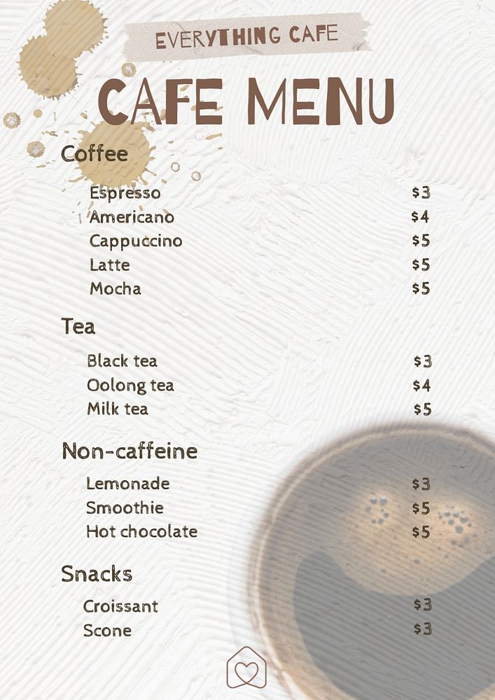 Cafe menu poster template, editable text and design