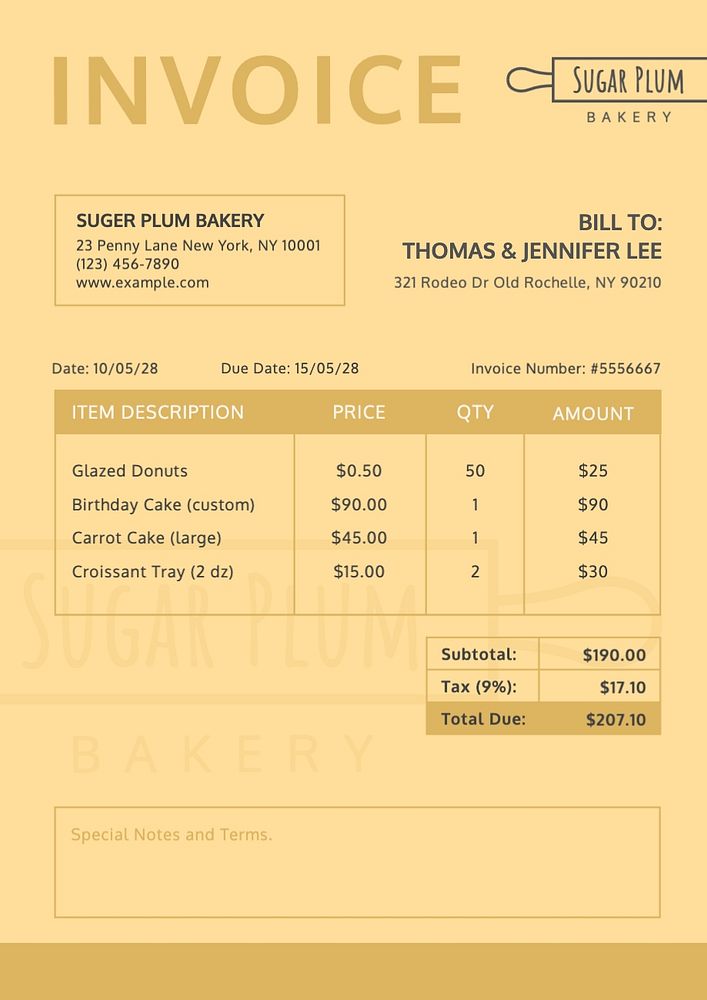 Bakery invoice template, finance & accounting design