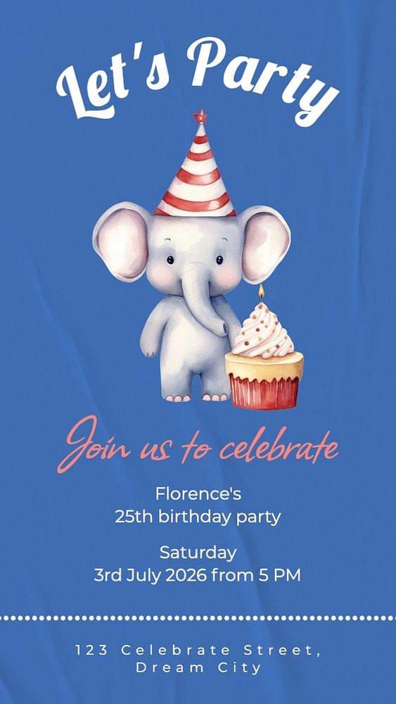 Party invitation Instagram story template, editable text