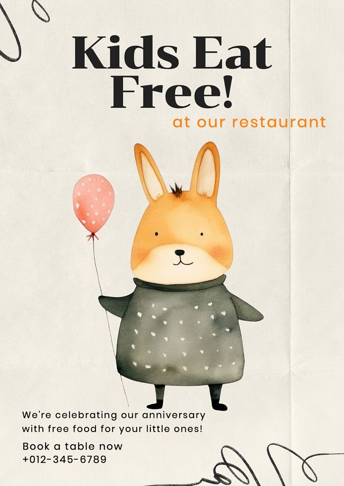 Kids eat free poster template, editable text and design