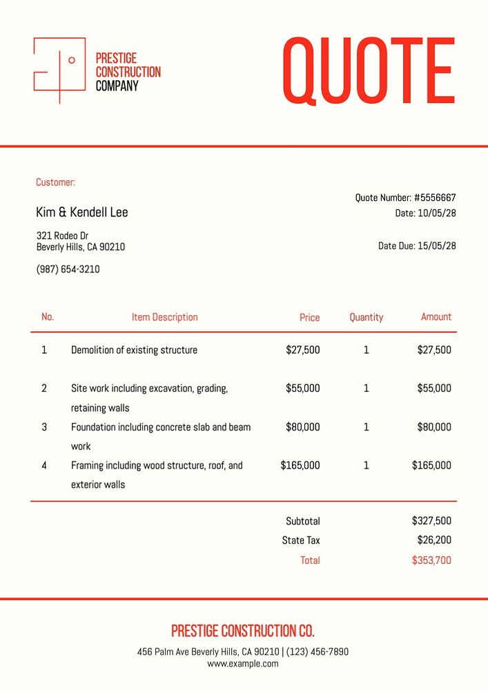 Construction quote price template, finance & accounting design