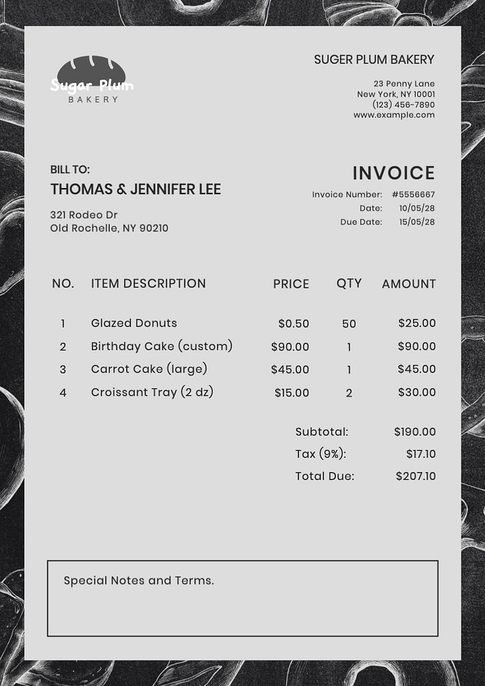 Bakery invoice template, finance & accounting design