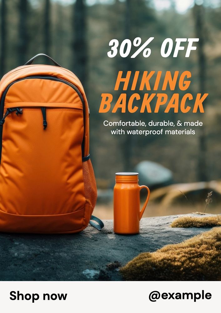 Hiking backpack sale poster template, editable text and design