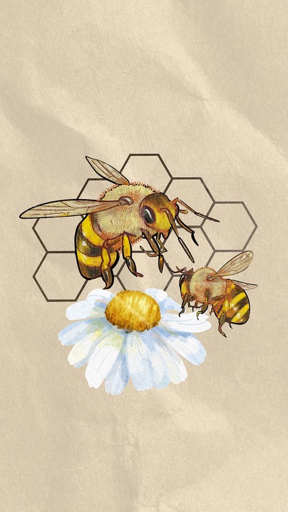 Bees and flower iPhone wallpaper, creative remix, editable design