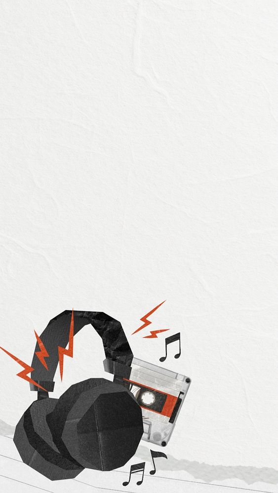 Headphones cassette tape iPhone wallpaper, ripped paper border, editable design