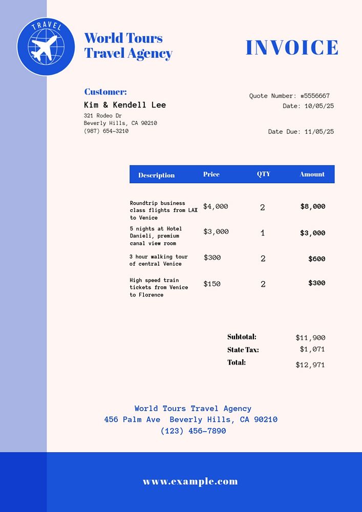 Travel agency invoice template, editable text