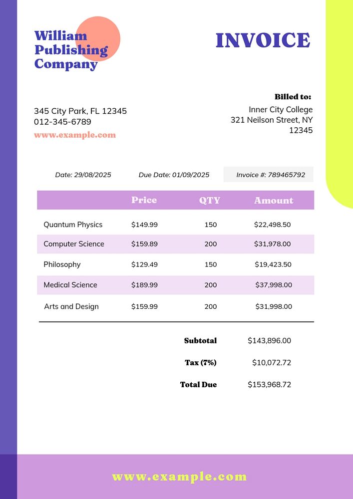 College invoice template, editable text