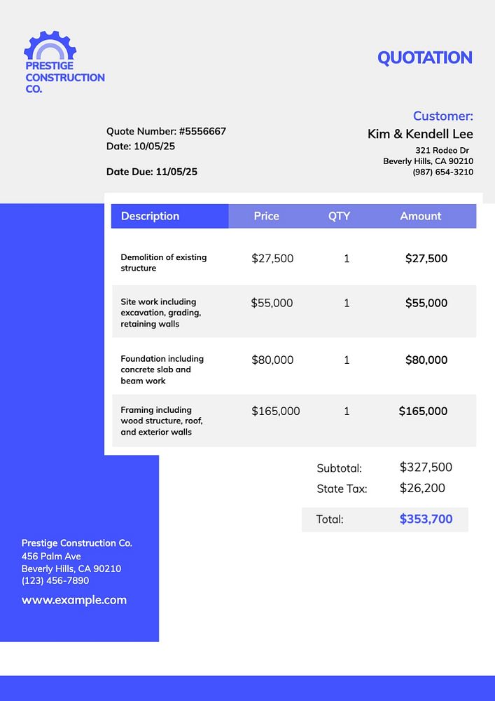 Construction invoice template, editable text