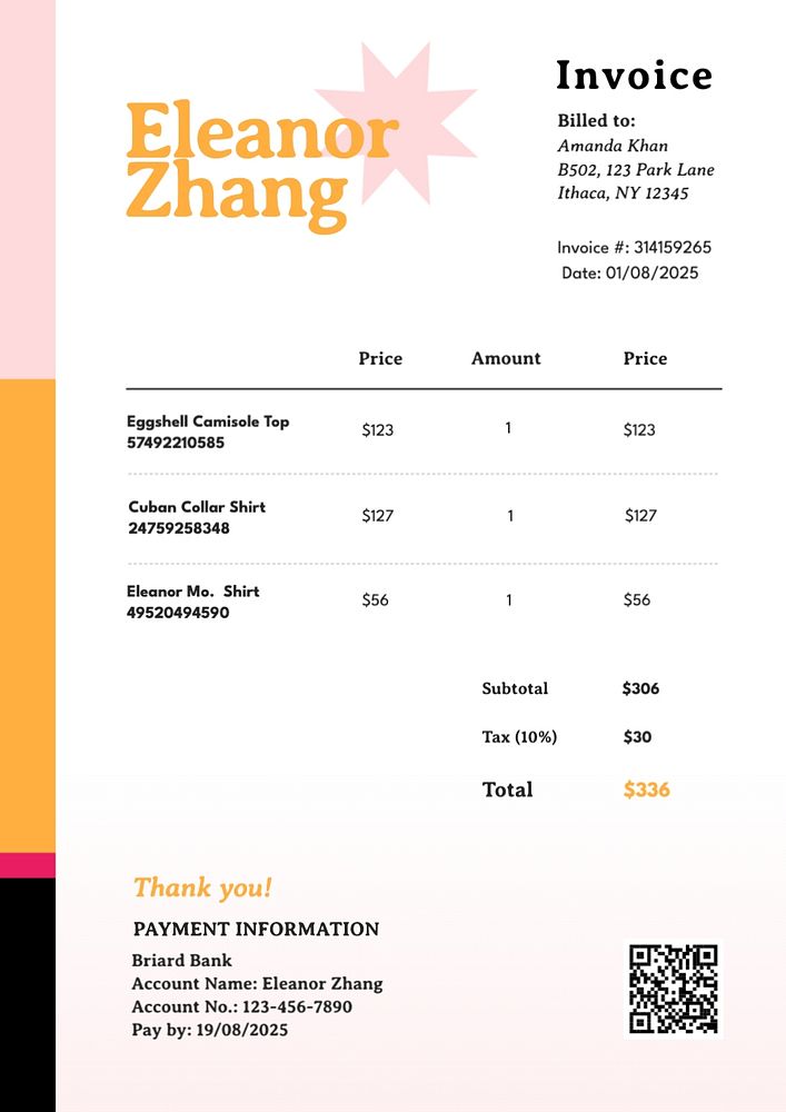 Shopping invoice template, editable text