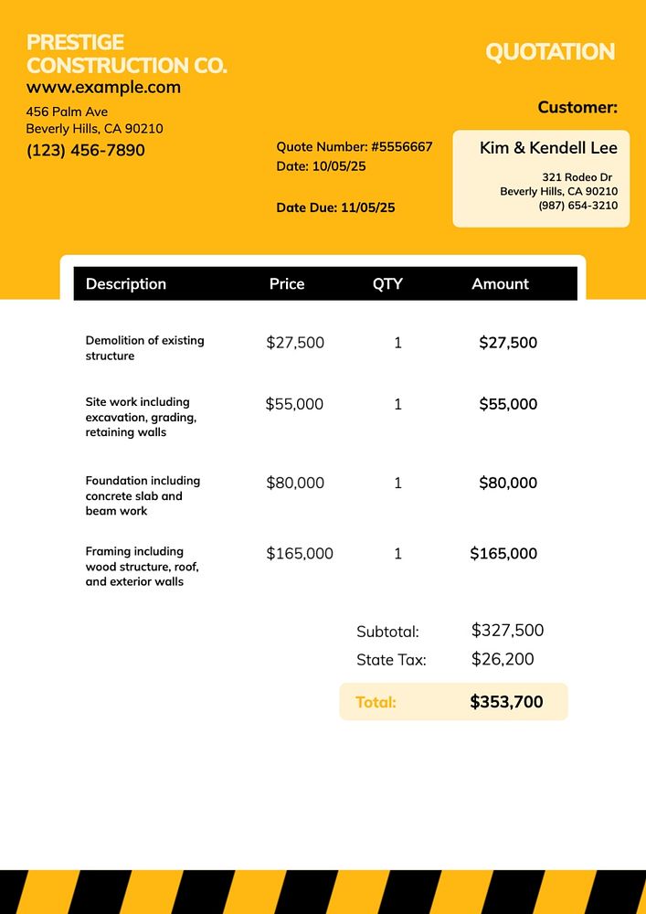 Construction invoice template, editable text