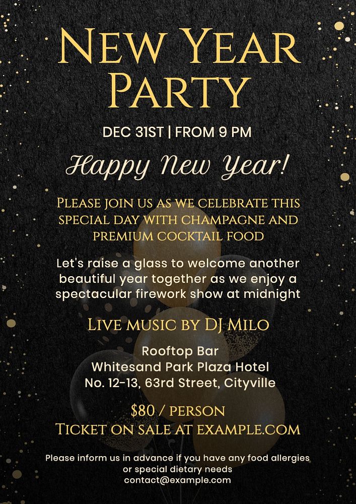 New year party invitation template, editable text