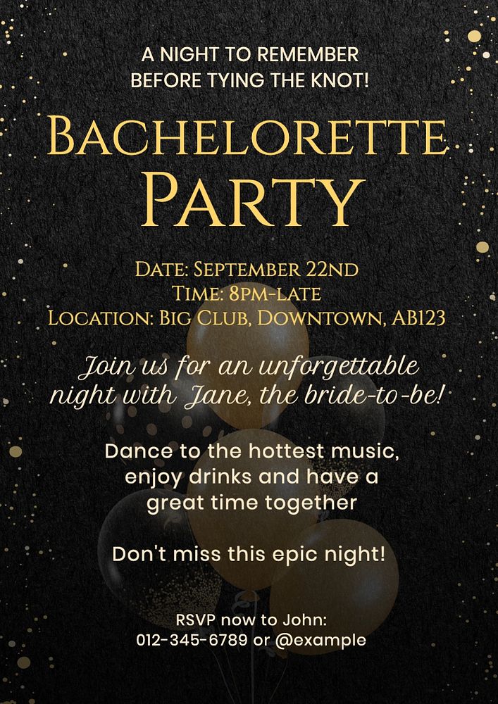 Bachelorette party invitation template, editable text