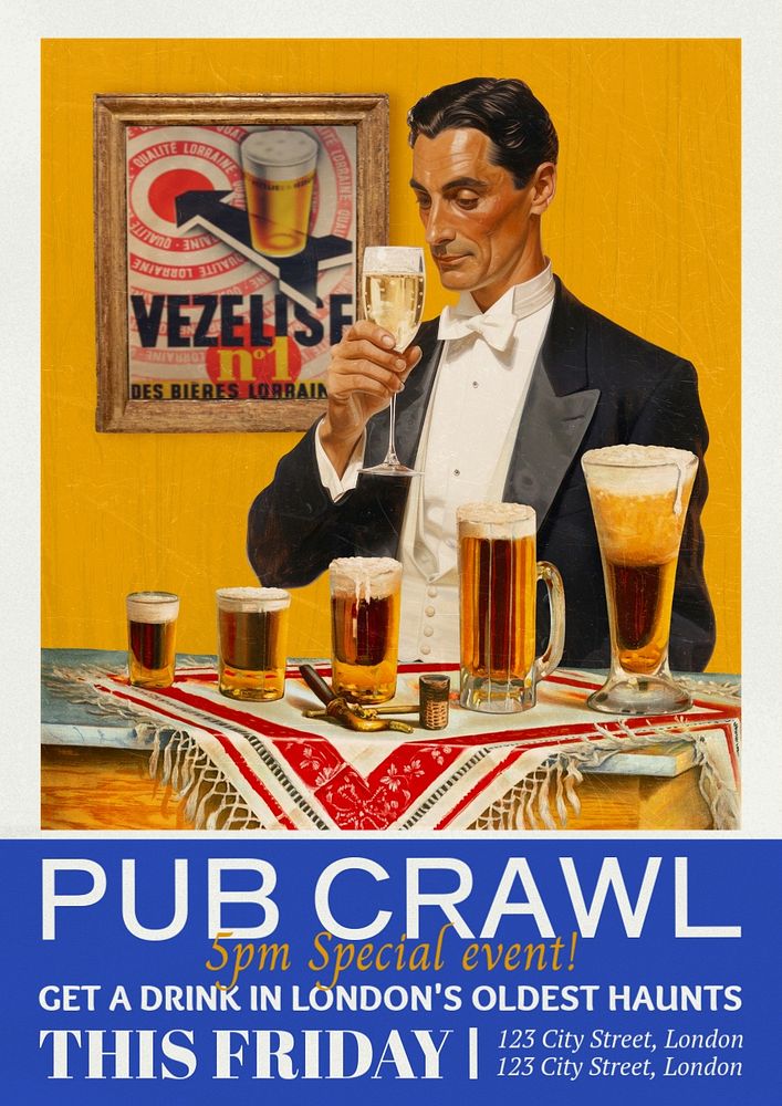 Pub crawl poster template, editable text and design