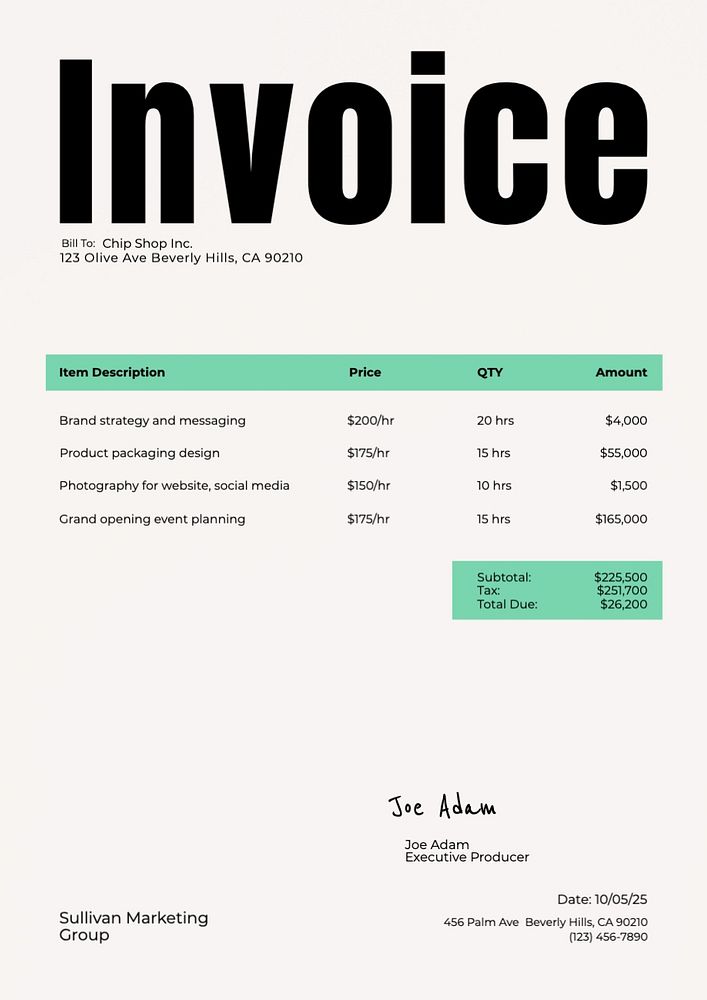 Marketing invoice template, editable text