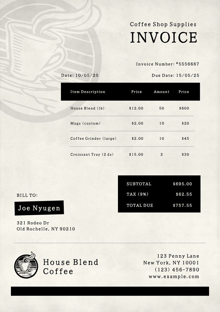 Invoice template, editable text