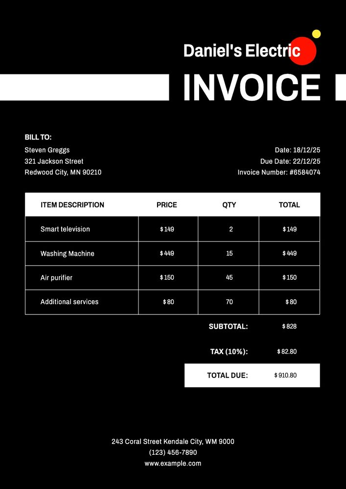 Electrical product invoice template, editable text