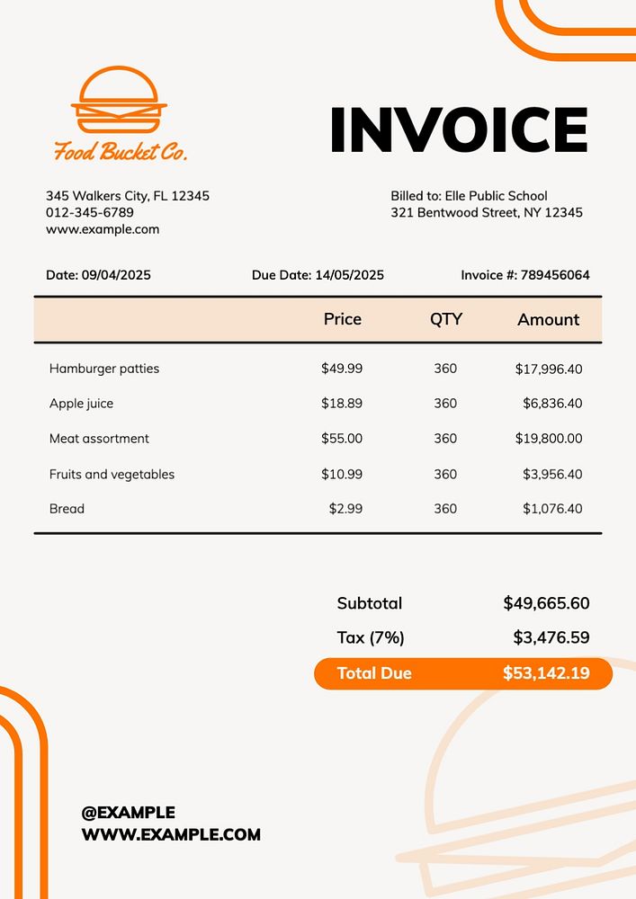 Food invoice template, editable text