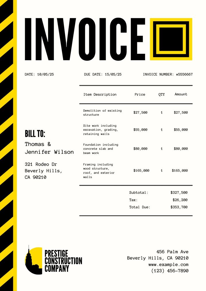 Construction company invoice template, editable text