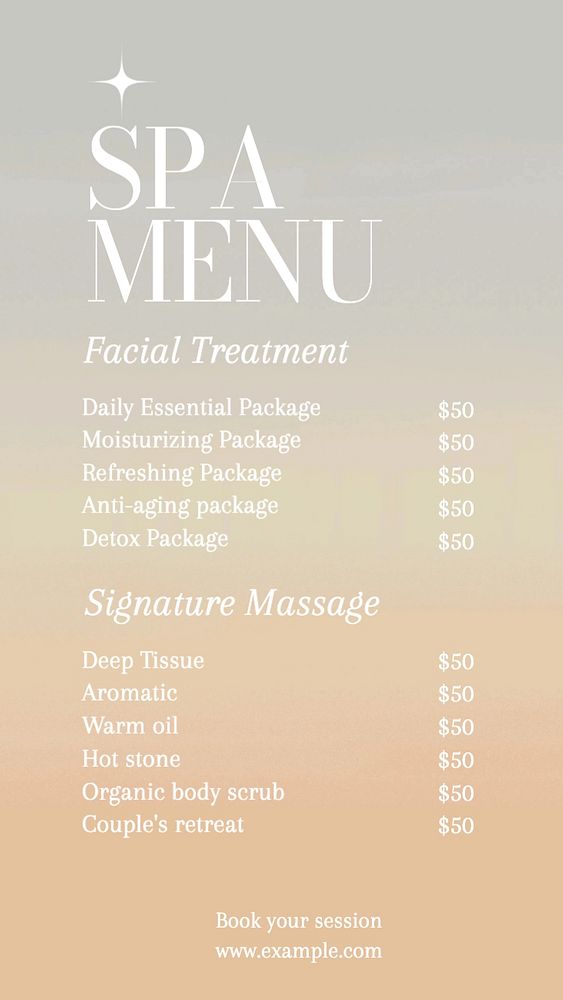 Spa menu Instagram story template, editable text