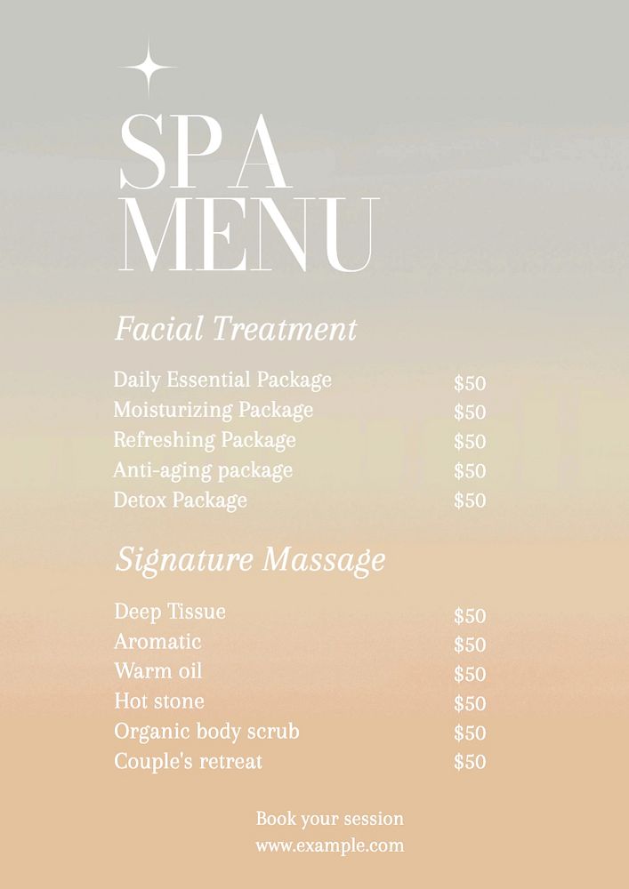 Spa menu poster template, editable text and design