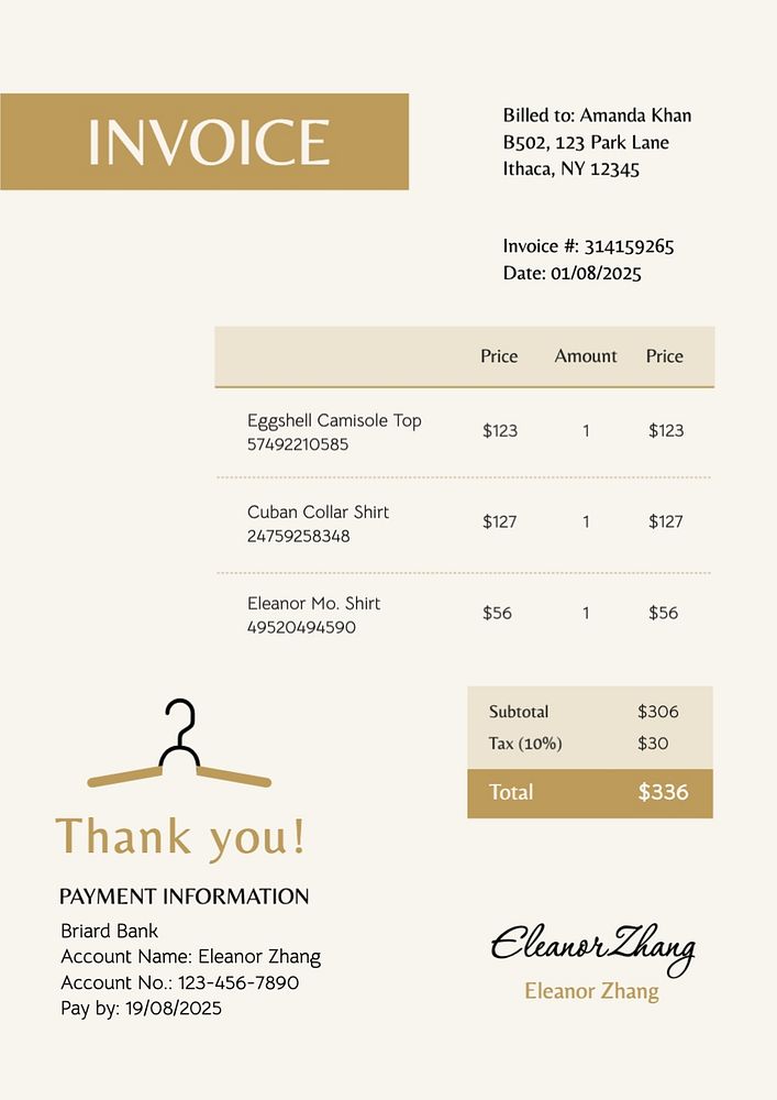 Shopping invoice template, editable text