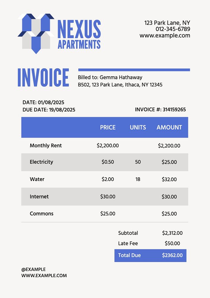 Rent invoice template, editable text