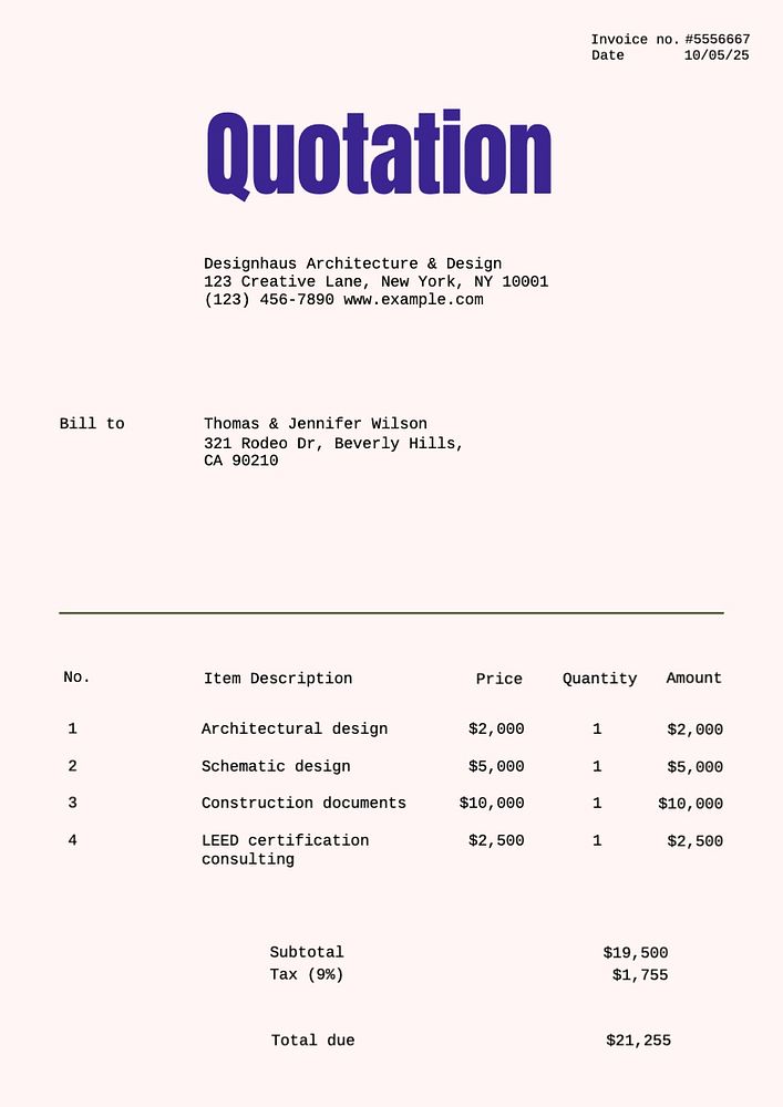 Quotation invoice template, editable text