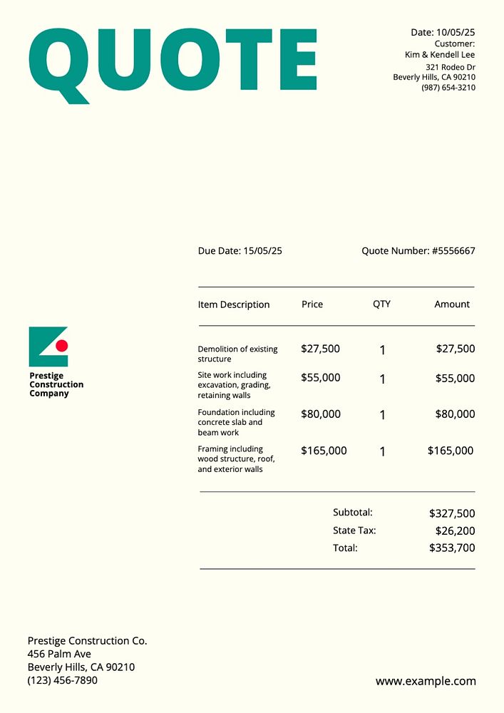 Construction company quote invoice template, editable text