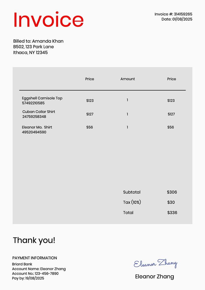 Shopping invoice template, editable text