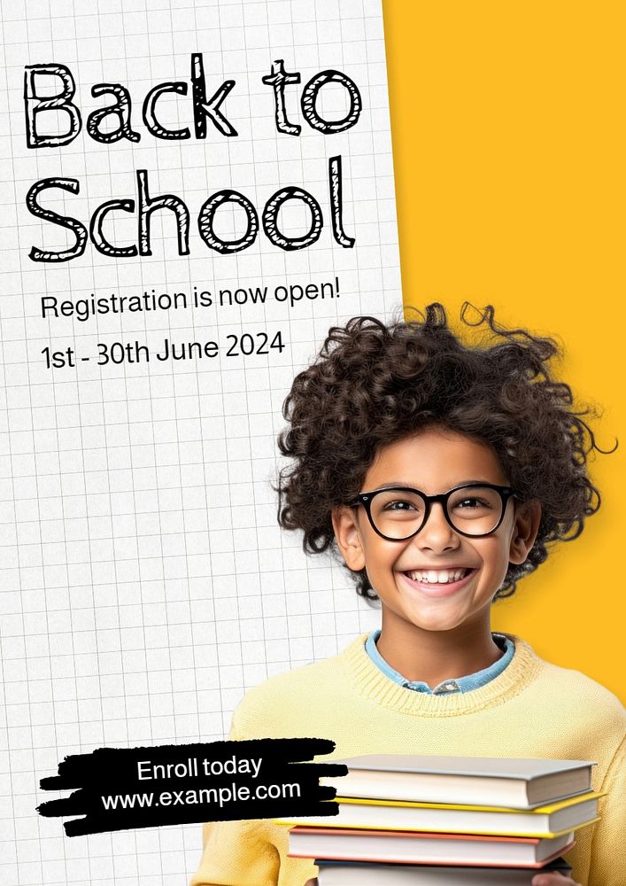 School registration poster template, editable text and design