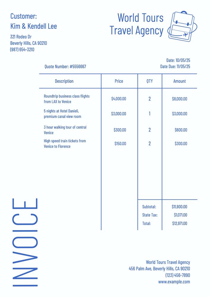 Travel agency invoice template, editable text