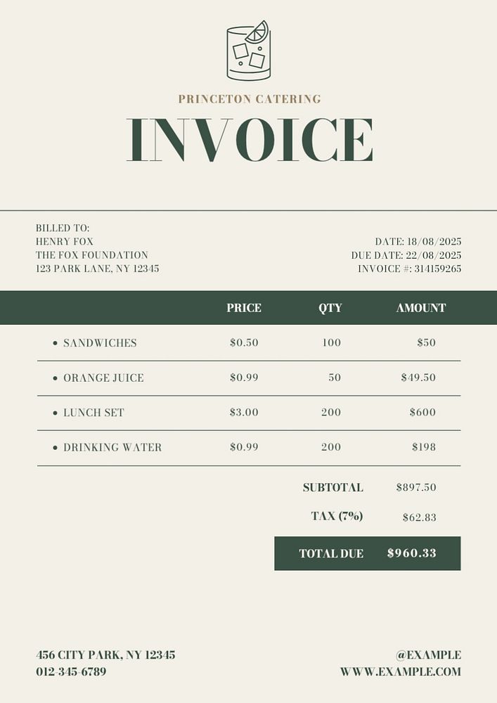 Foundation catering invoice template, editable text