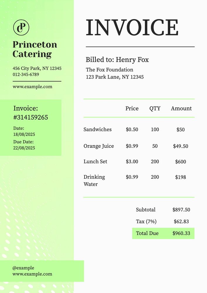 Foundation catering invoice template, editable text