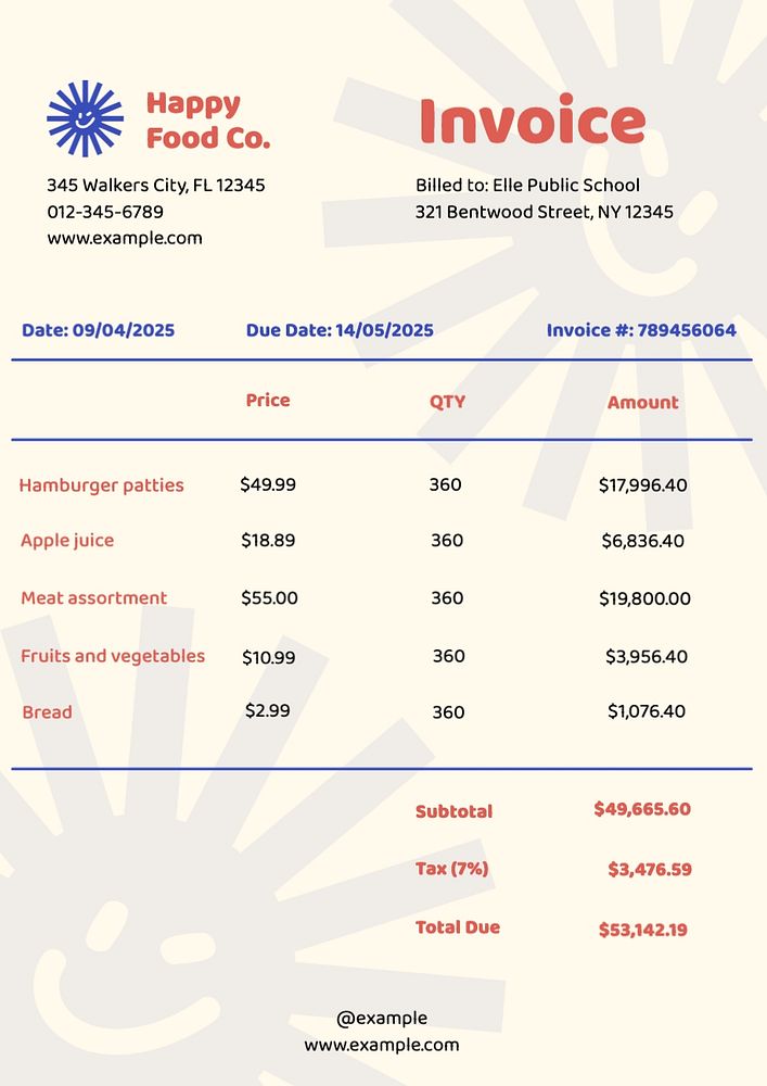 Food invoice template, editable text