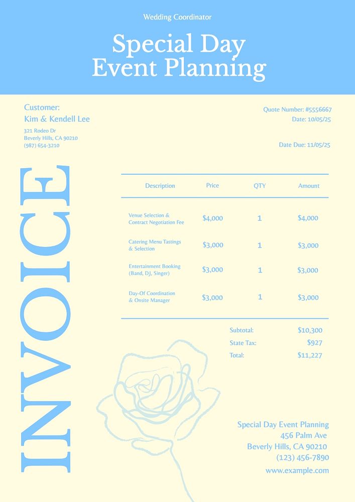 Event planning invoice template, editable text